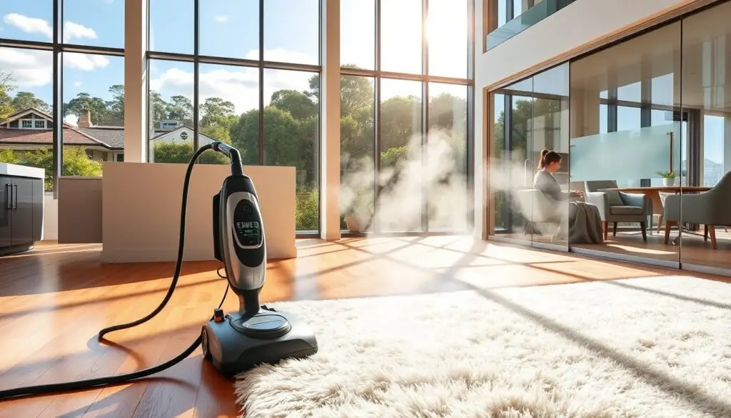 Steam cleaning a modern bright living room